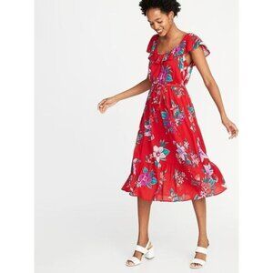 Old Navy red floral tropical print dress, M
